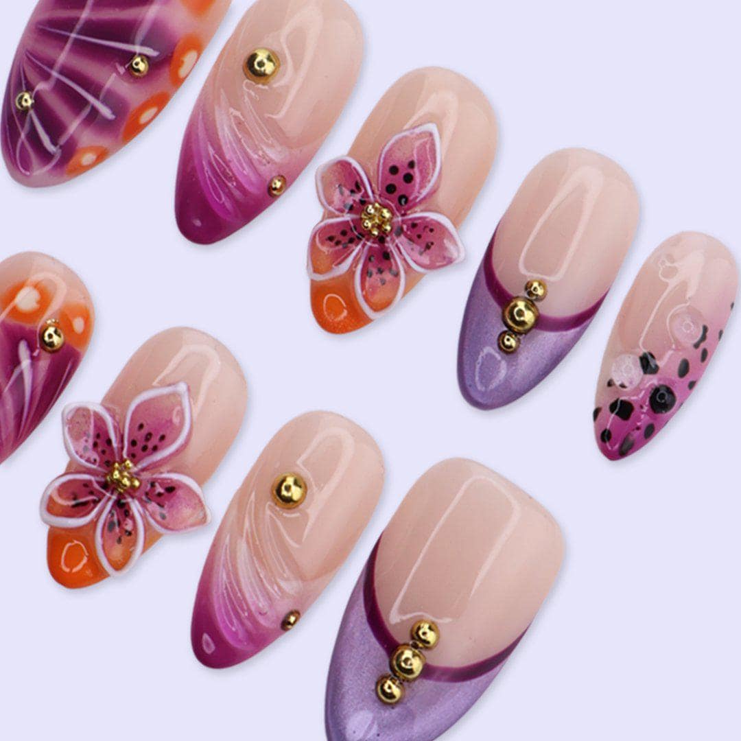 Purple, Magenta & Orange Aura Swirl Nails with 3D Flowers and Gold Studs