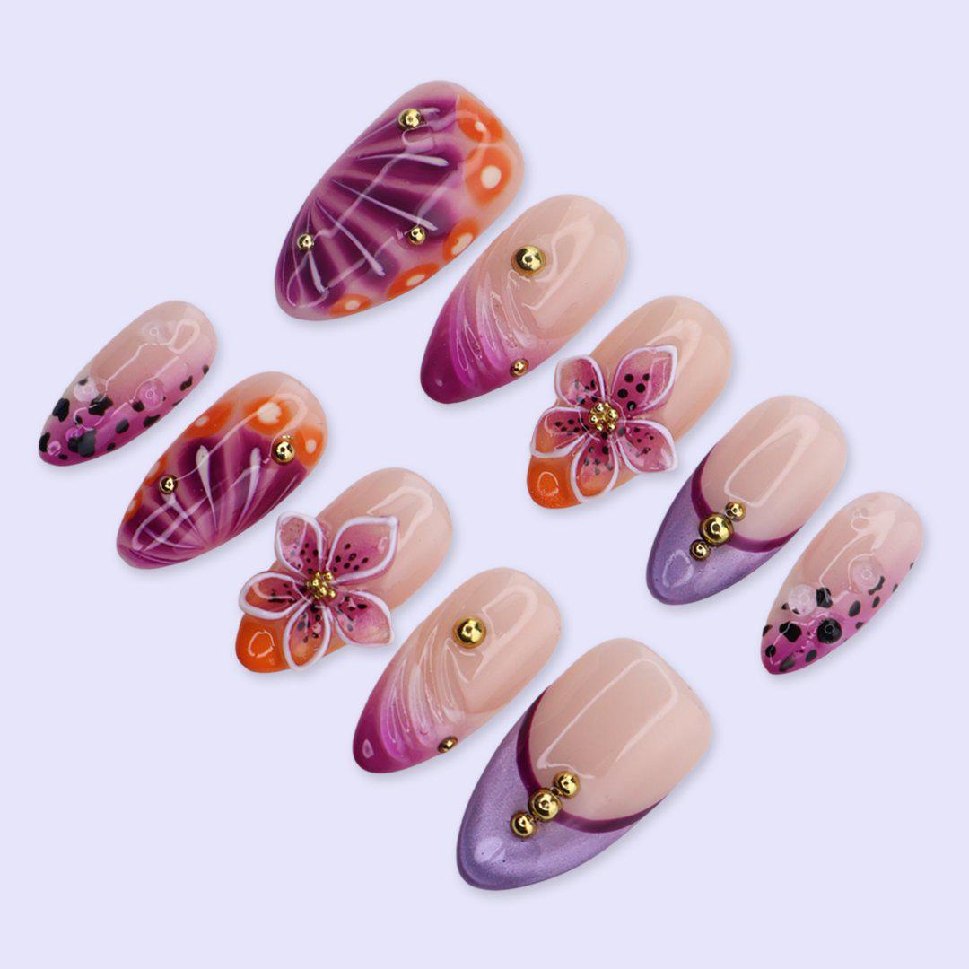 Purple, Magenta & Orange Aura Swirl Nails with 3D Flowers and Gold Studs
