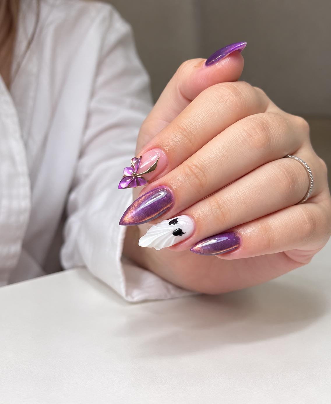 Purple Mauve Cat Eye Halloween Nails With Sculpted Ghosts and Flowers