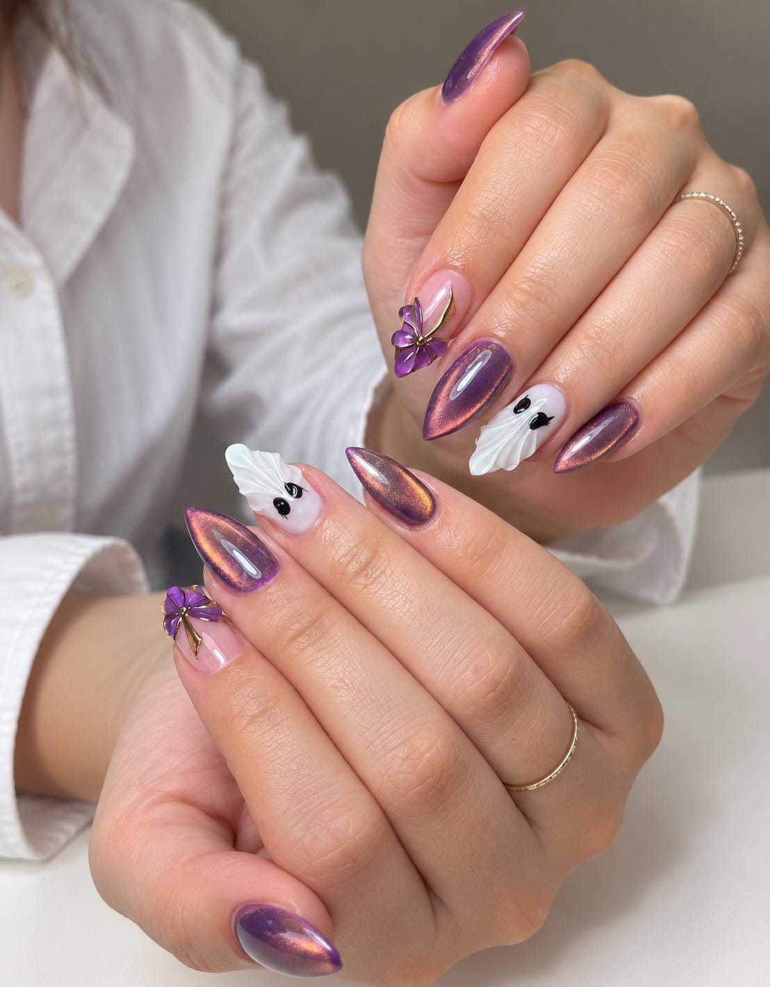 Purple Mauve Cat Eye Halloween Nails With Sculpted Ghosts and Flowers