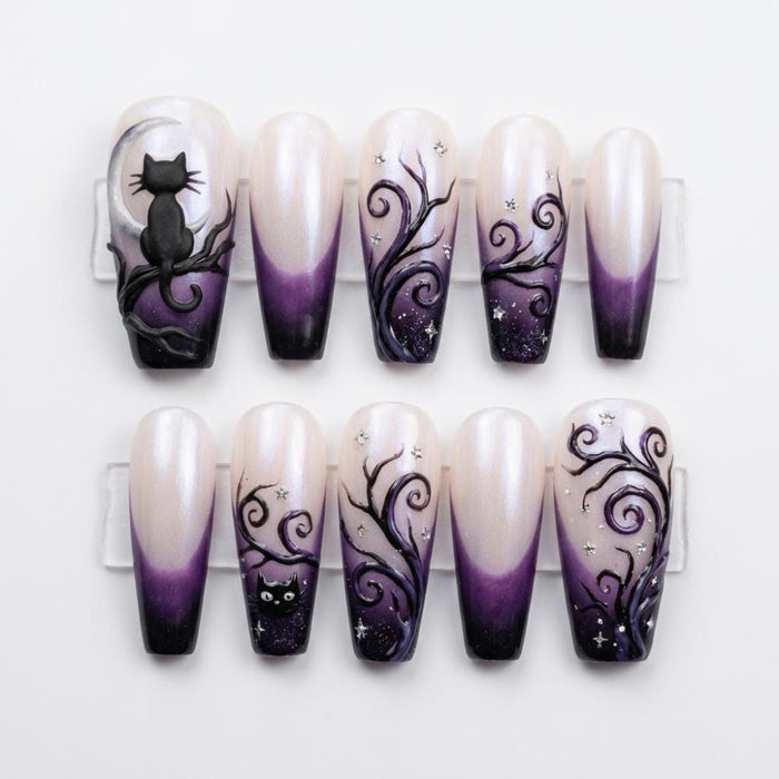 Purple Ombre Black Cat Halloween Press On Nails With Vines