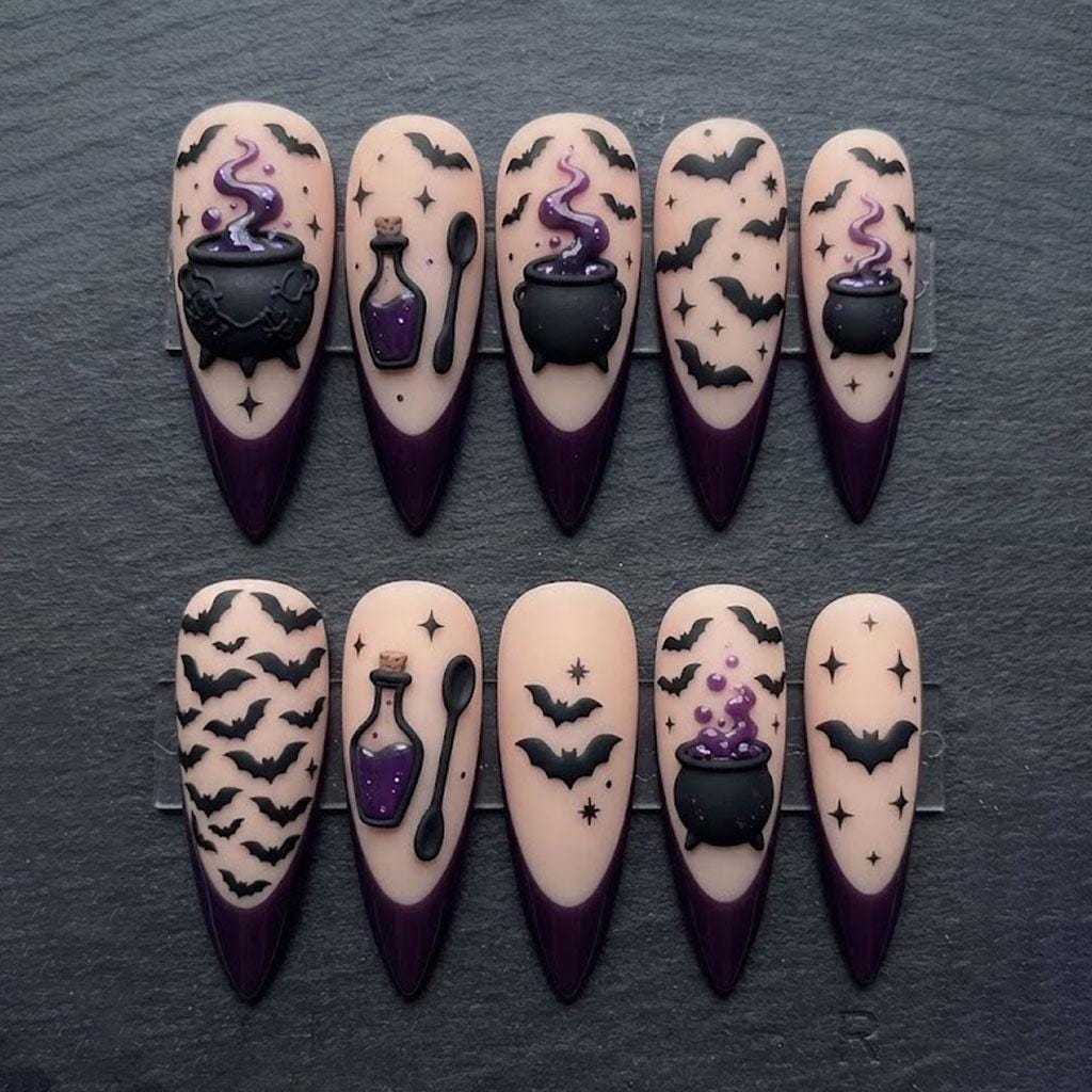 Purple-Tipped Halloween Nails With 3D Cauldrons, Potion Bottles, Bats and Stars