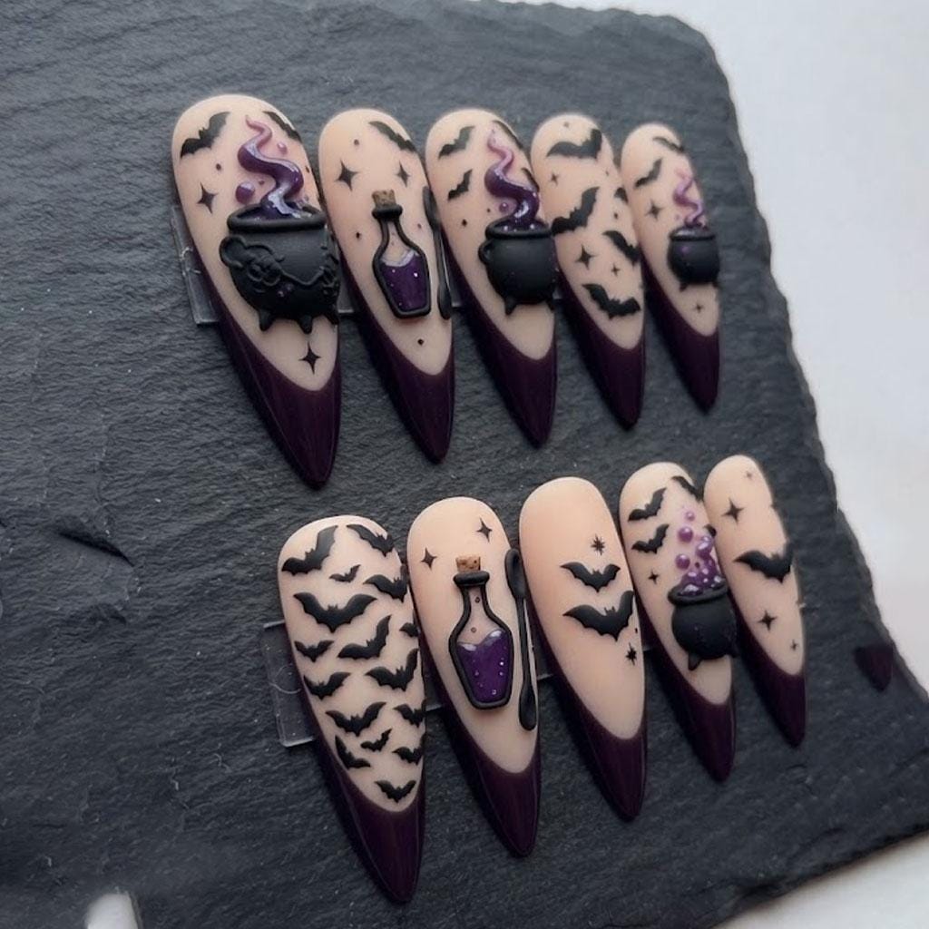 Purple-Tipped Halloween Nails With 3D Cauldrons, Potion Bottles, Bats and Stars