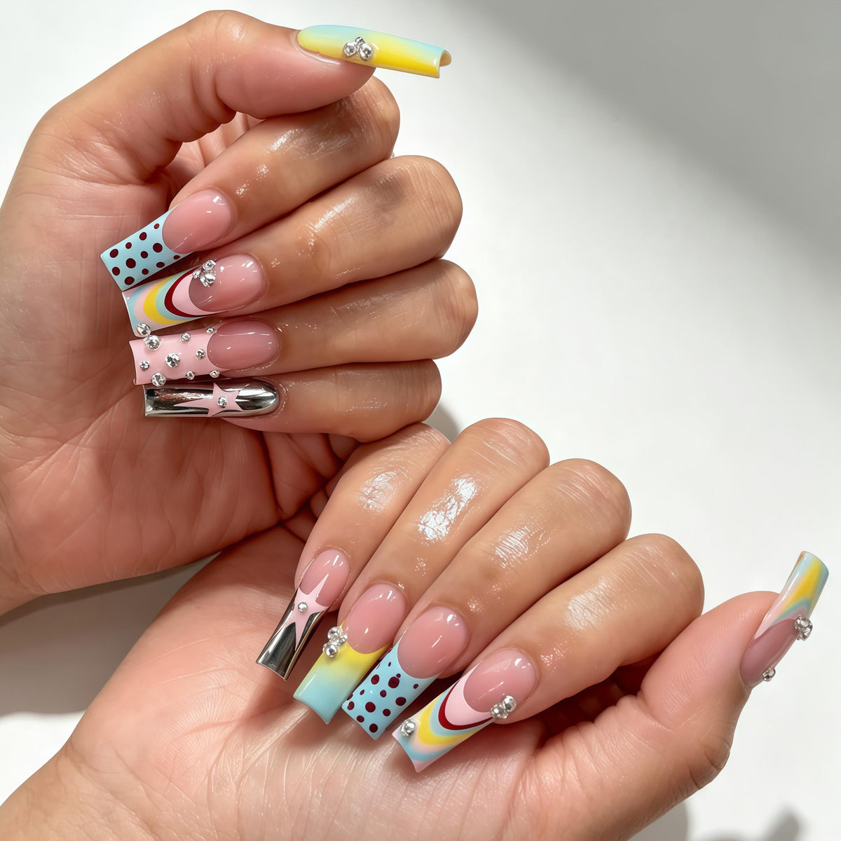 Rainbow Stripe and Burgundy Polka Dot Press-On Nails with Silver Rhinestones