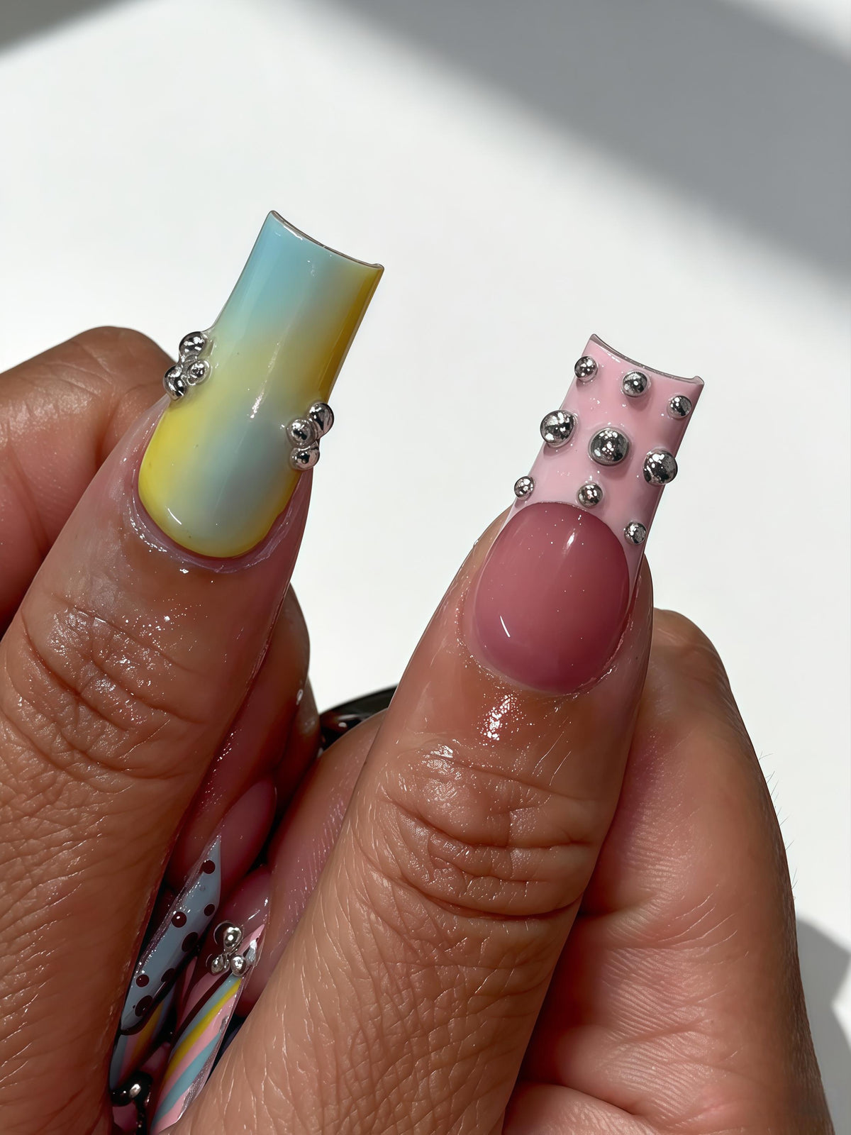 Rainbow Stripe and Burgundy Polka Dot Press-On Nails with Silver Rhinestones