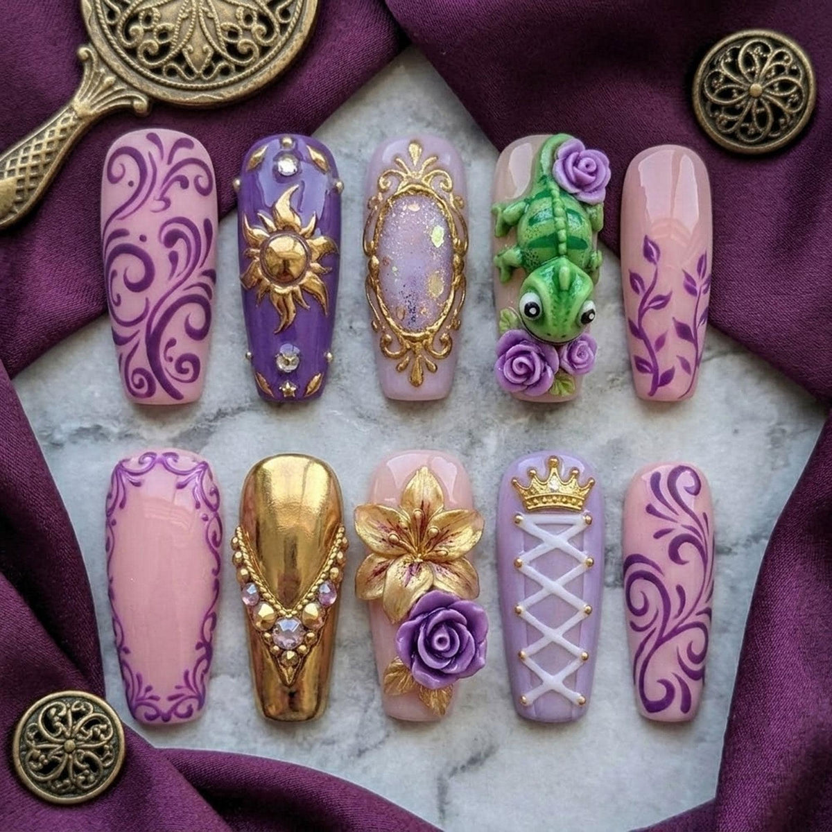 Rapunzel-Inspired Pink and Purple Nails with Gold Scrollwork, Roses, and Pascal