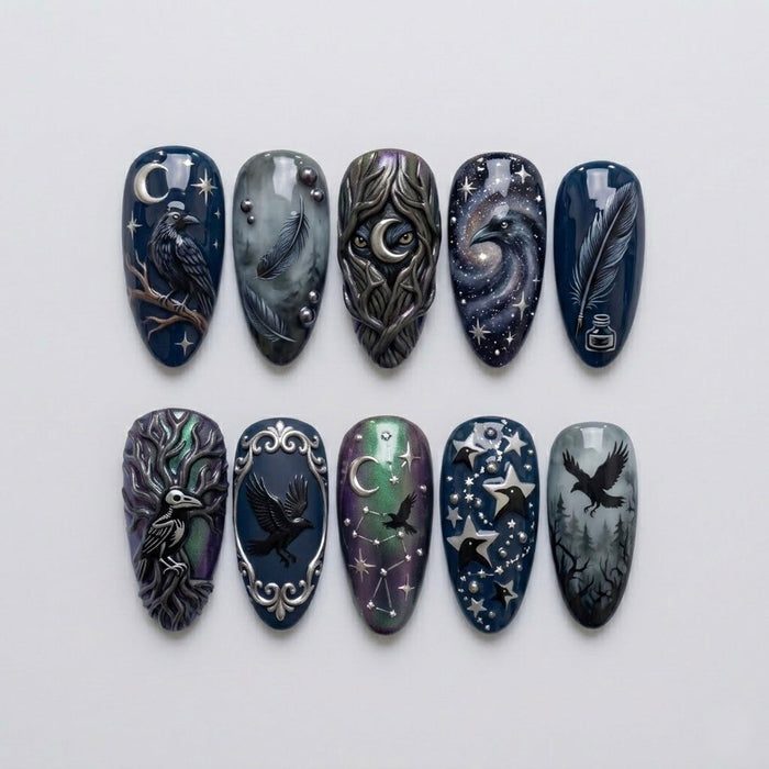 Raven and Crescent Moon Celestial Gothic Press On Nail Set