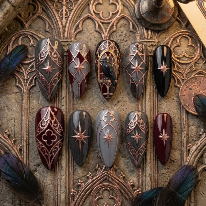 Raven Stained Glass Gothic Press On Nails in Smoky Gray and Burgundy