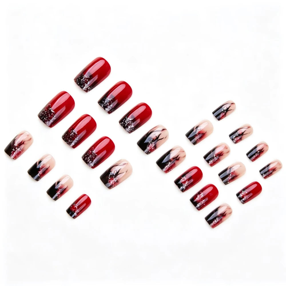 Red and Black Flame Glitter Press-On Nail Set