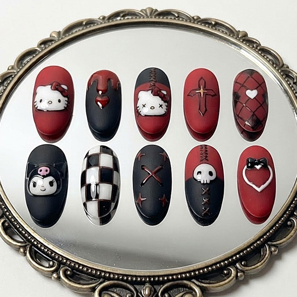 Red and Black Gothic Character Nail Set with Checks and 3D Details