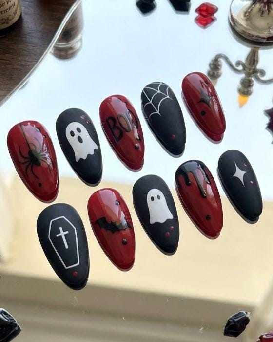Red and Black Halloween Press-On Nails With Ghosts, Spiderwebs and Coffin Art