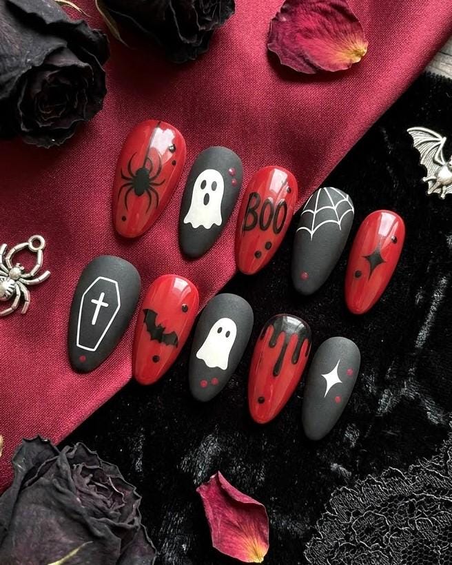 Red and Black Halloween Press-On Nails With Ghosts, Spiderwebs and Coffin Art