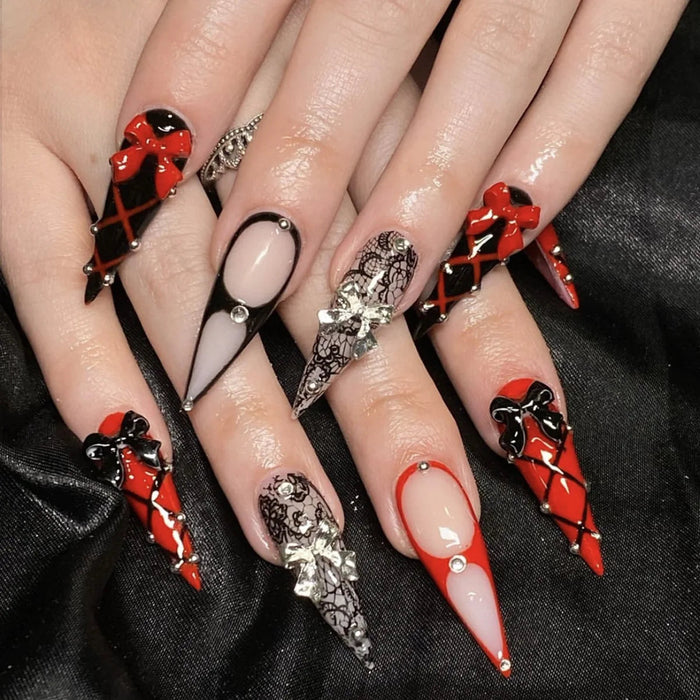 Red and Black Lattice Press On Nails With Bows, Lace, and Metallic Studs