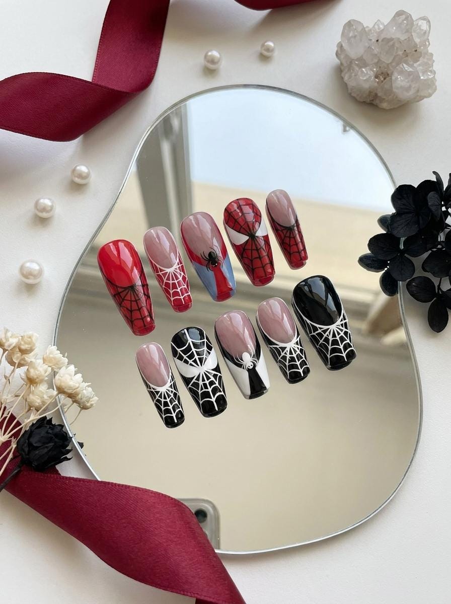Red and Black Spider Web Comic Hero Halloween Press On Nails