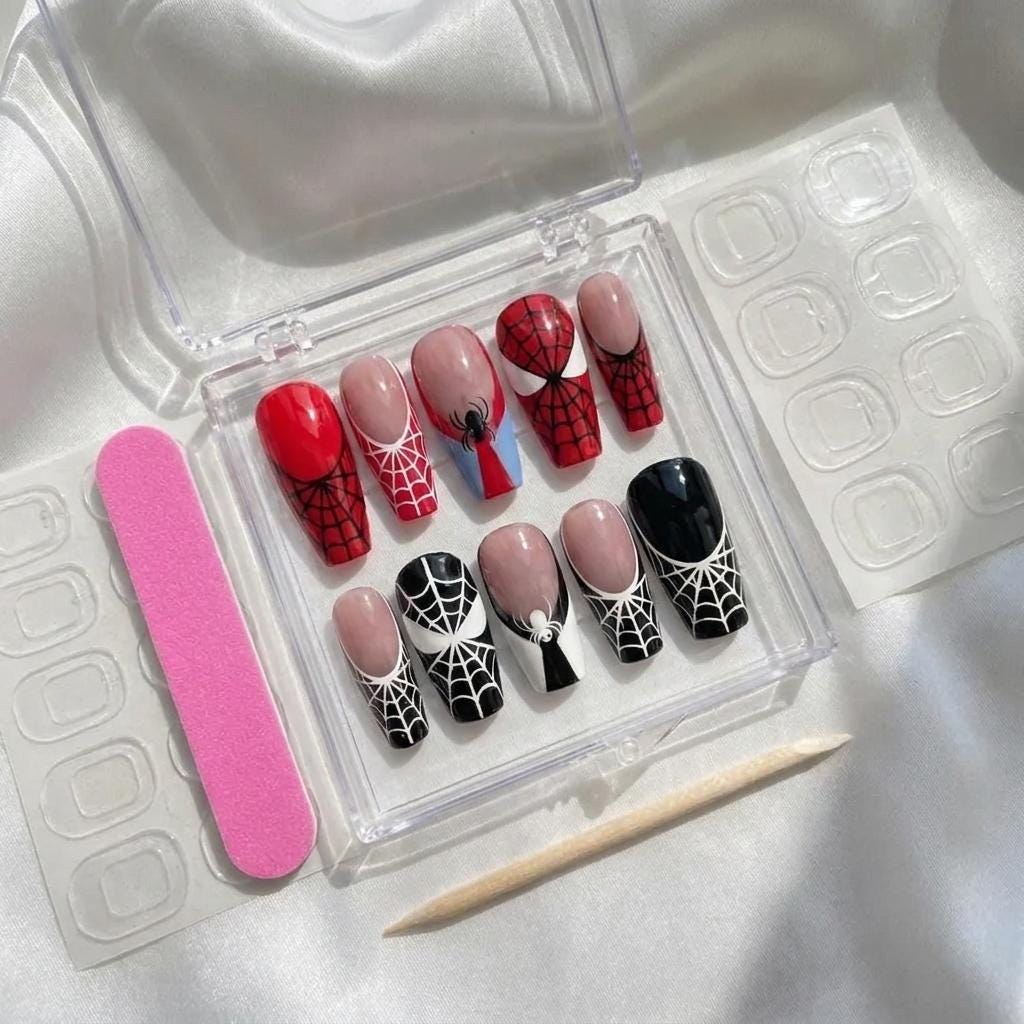 Red and Black Spider Web Comic Hero Halloween Press On Nails
