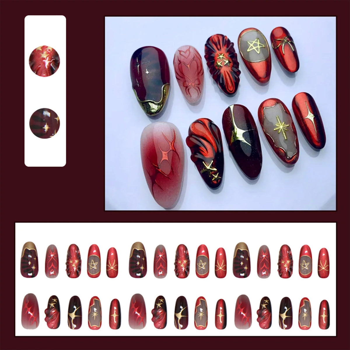 Red and Black Starburst Nails with Gold Celestial Details