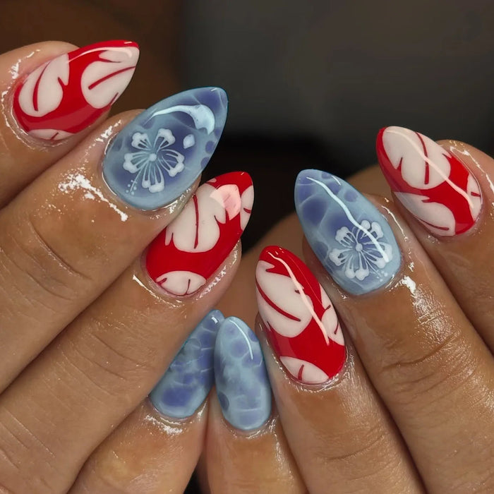 Red and Blue Hibiscus Floral Press On Nails