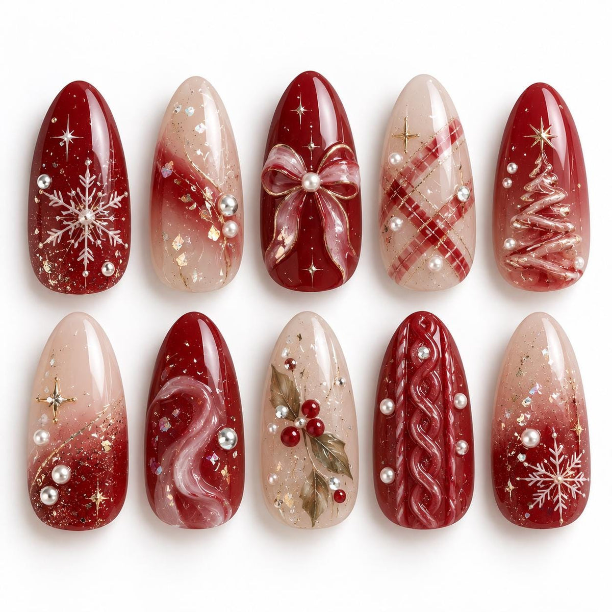 Red and Blush Christmas Nails with Snowflakes, Plaid, Bow and Gold Glitter