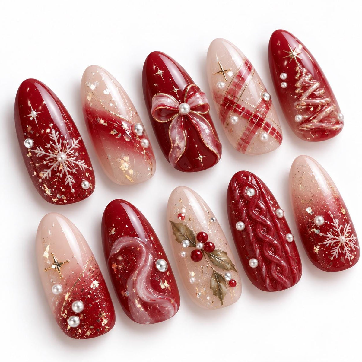 Red and Blush Christmas Nails with Snowflakes, Plaid, Bow and Gold Glitter