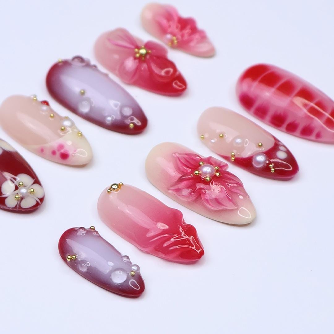 Red and Blush Floral Press On Nails with 3D Flowers and Pearl Accents