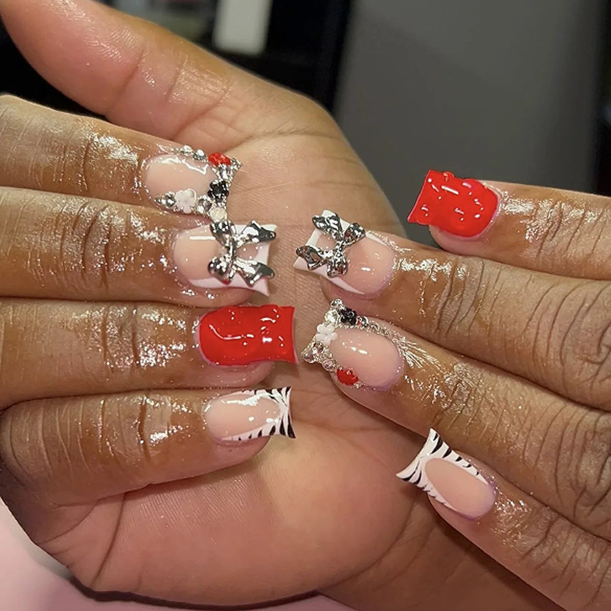 Red and Blush Pink Bow Charm French Tip Nail Set