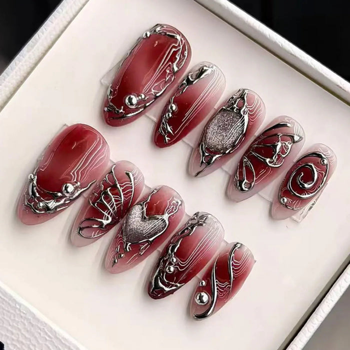 Red and Blush Pink Press On Nails with Raised Silver Scrollwork and Heart