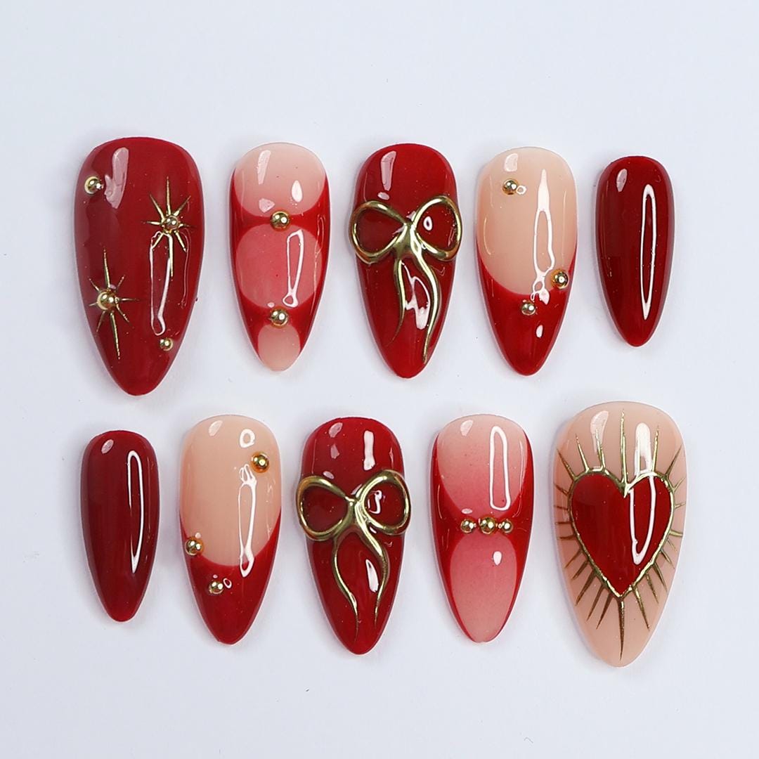 Red and Blush Valentine Press-On Nails with Gold Bows, Gems and Heart
