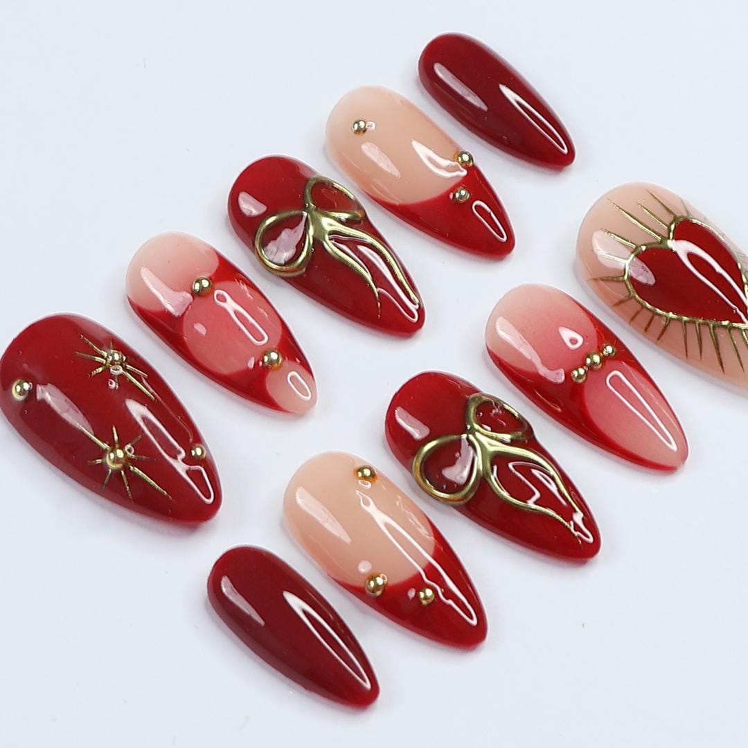 Red and Blush Valentine Press-On Nails with Gold Bows, Gems and Heart