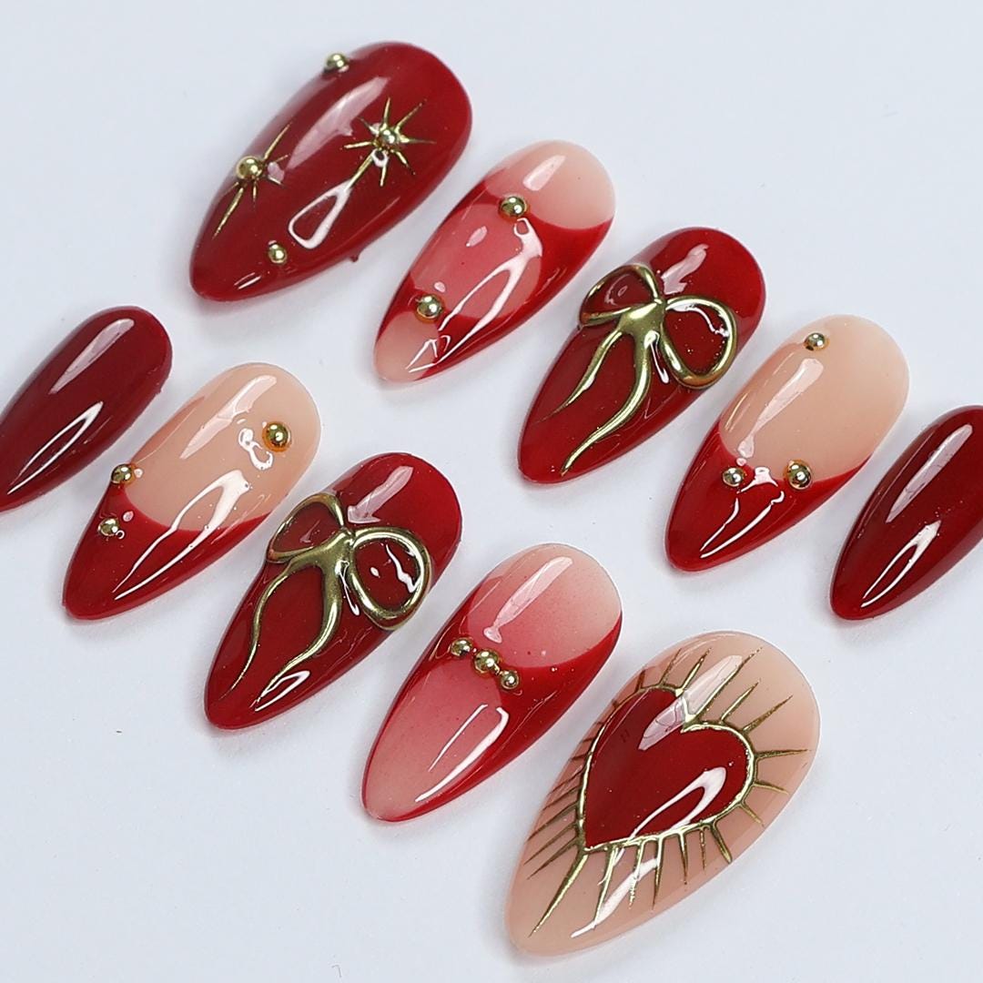 Red and Blush Valentine Press-On Nails with Gold Bows, Gems and Heart