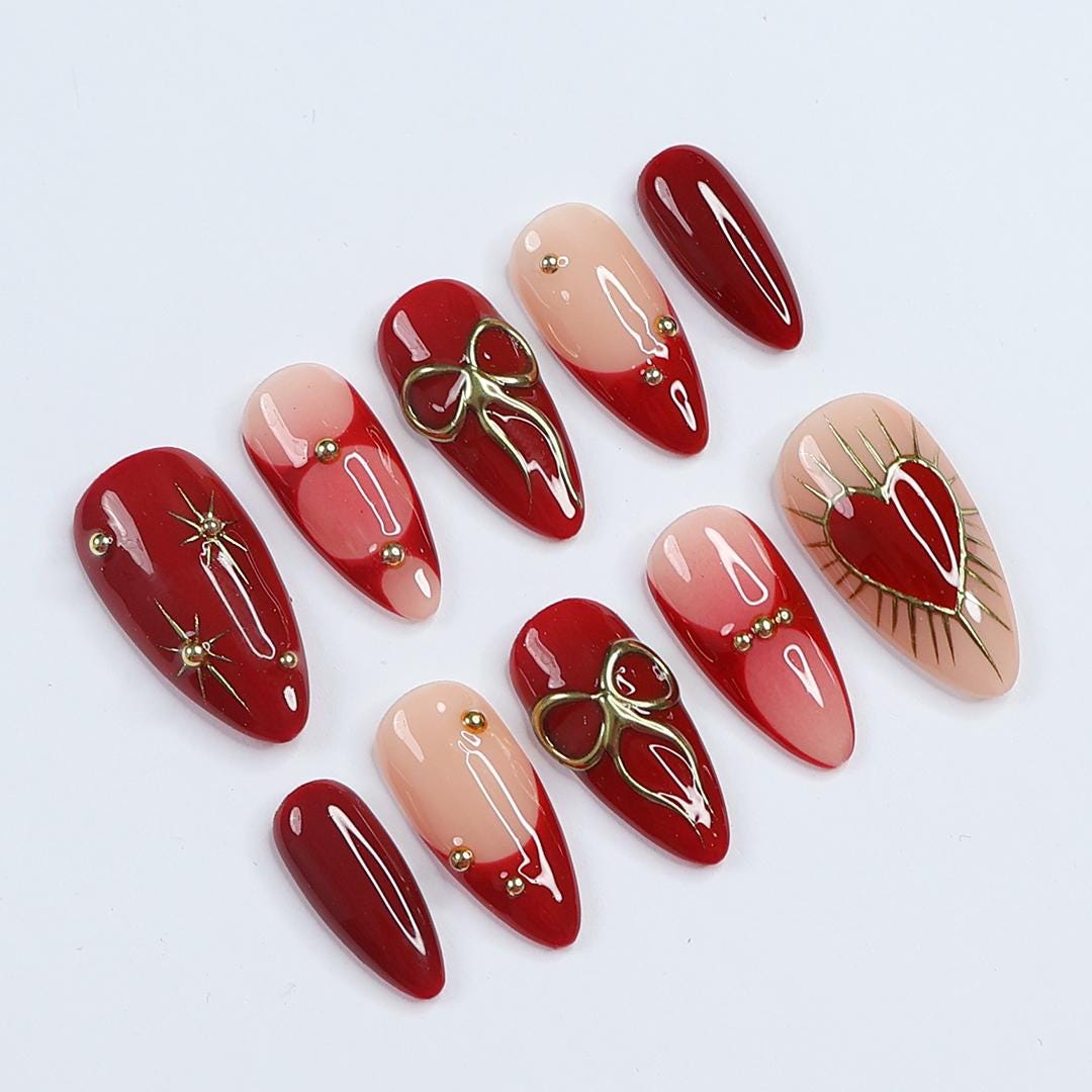 Red and Blush Valentine Press-On Nails with Gold Bows, Gems and Heart