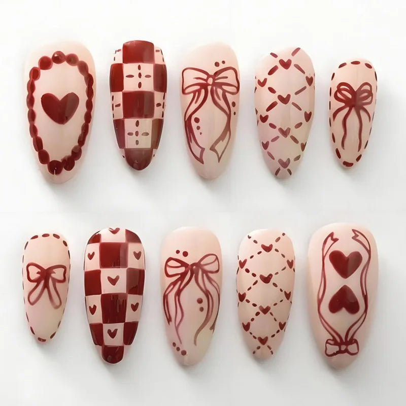 Red and Burgundy Checkerboard, Bow and Heart Press-On Nails