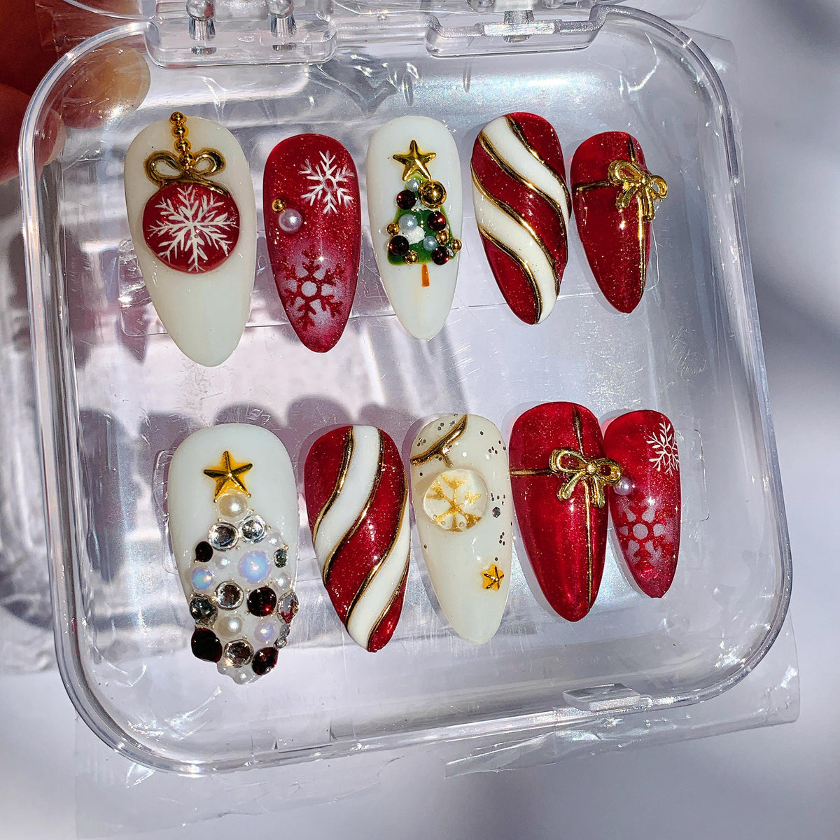 Red and Cream Christmas Press On Nails with Snowflakes and 3D Ornaments