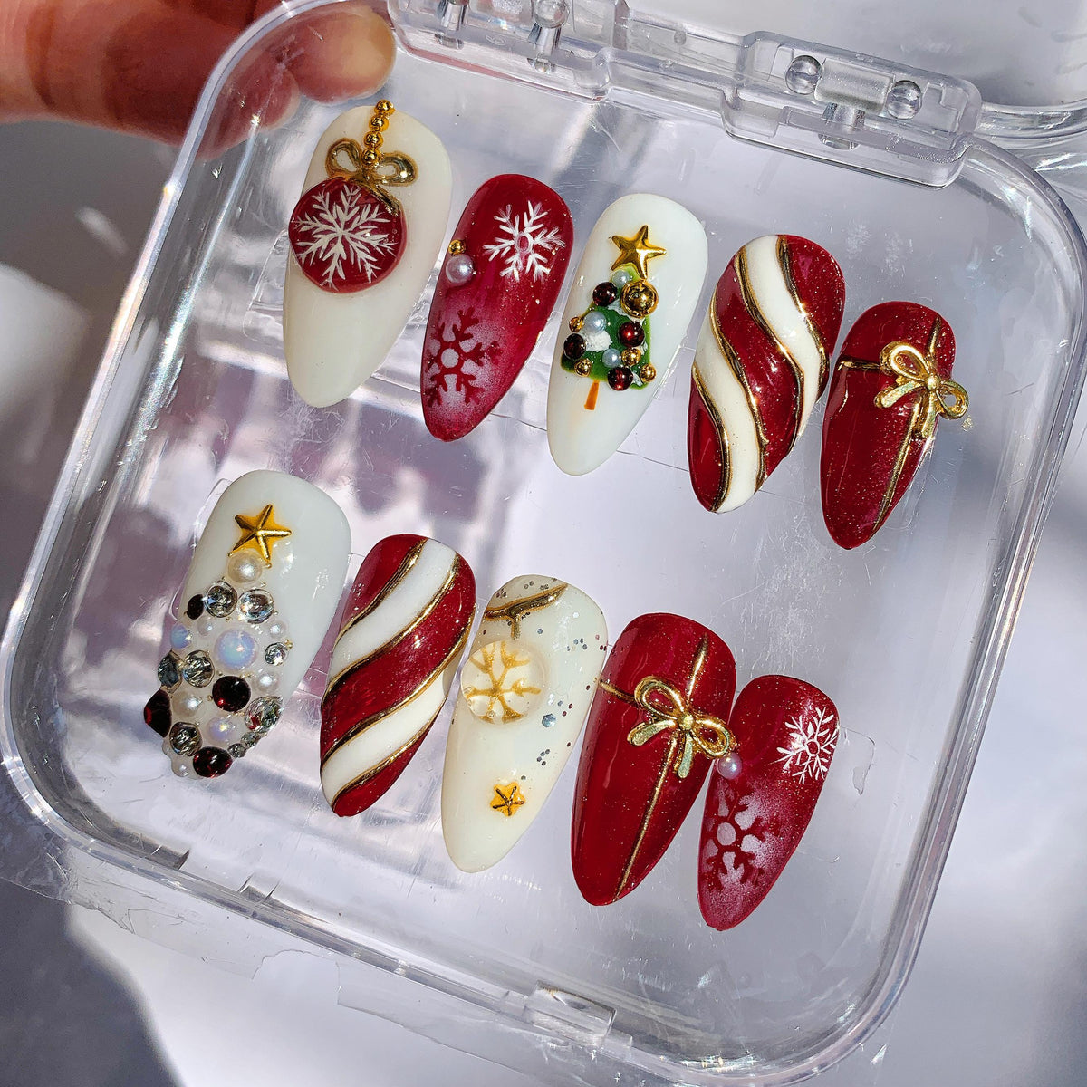 Red and Cream Christmas Press On Nails with Snowflakes and 3D Ornaments