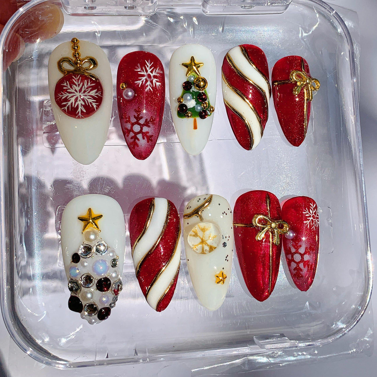Red and Cream Christmas Press On Nails with Snowflakes and 3D Ornaments