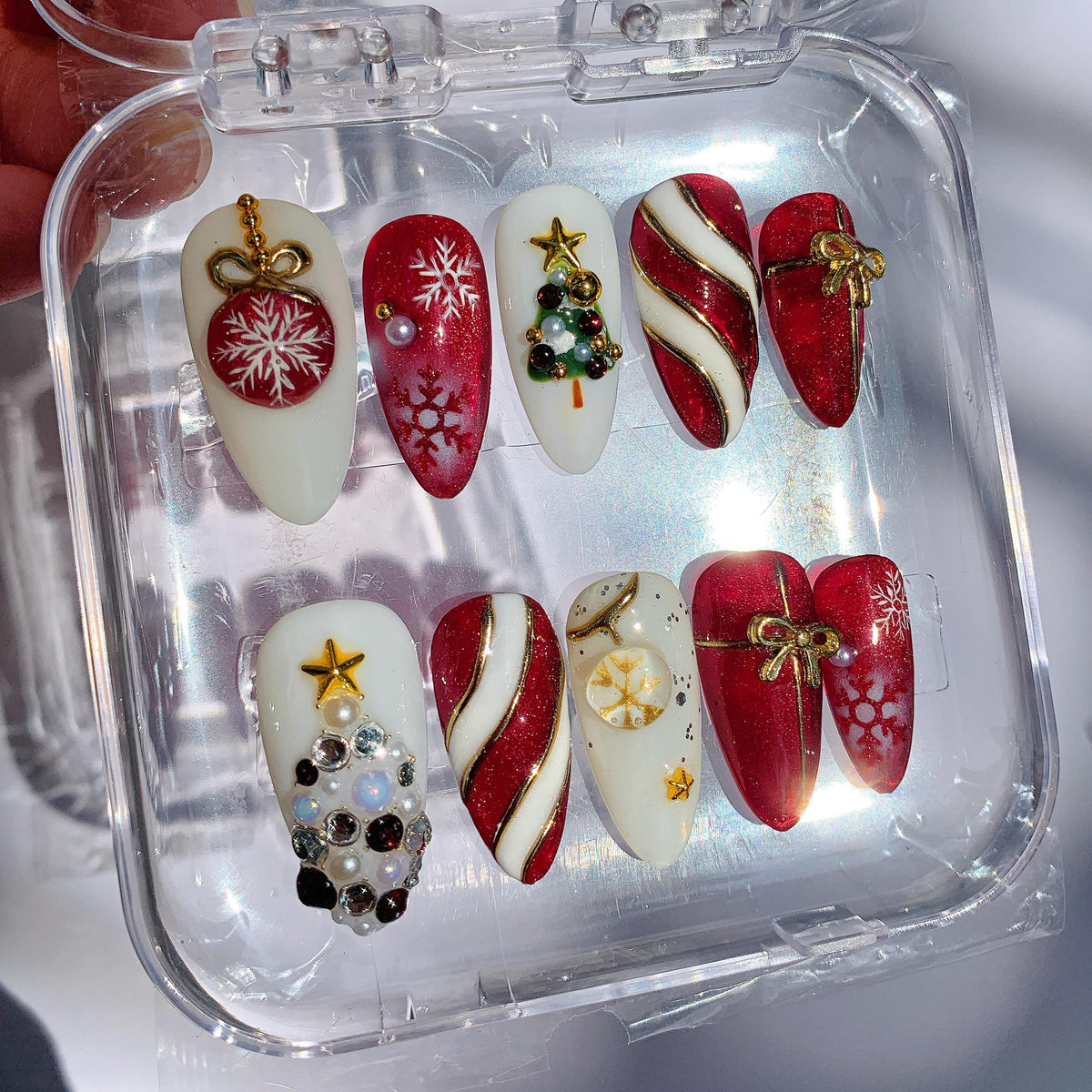 Red and Cream Christmas Press On Nails with Snowflakes and 3D Ornaments
