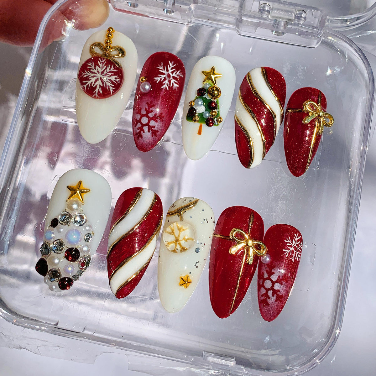 Red and Cream Christmas Press On Nails with Snowflakes and 3D Ornaments