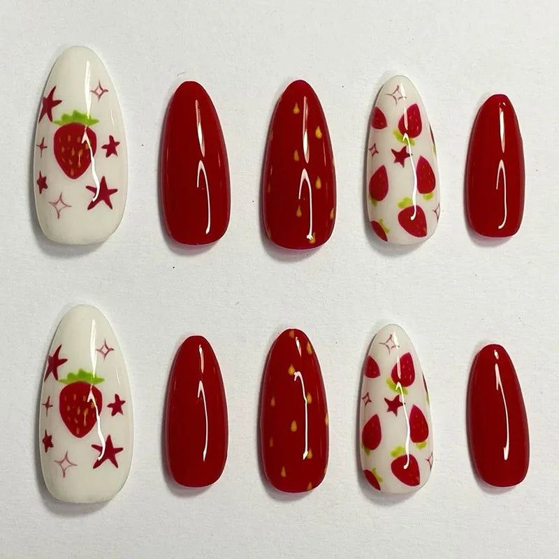 Red and Cream Strawberry Press-On Nails with Star Accents