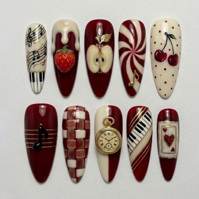 Red and Cream Vintage Music Press-On Nails with Cherries, Candy Swirls, and Gold Details