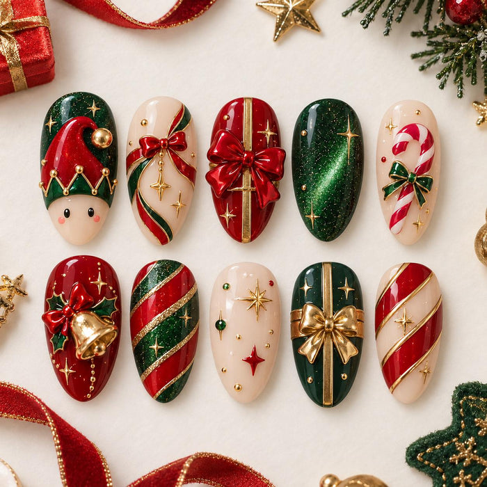 Red and Evergreen Christmas Press On Nails with Elf, Bows, Bells and Candy Cane Stripes