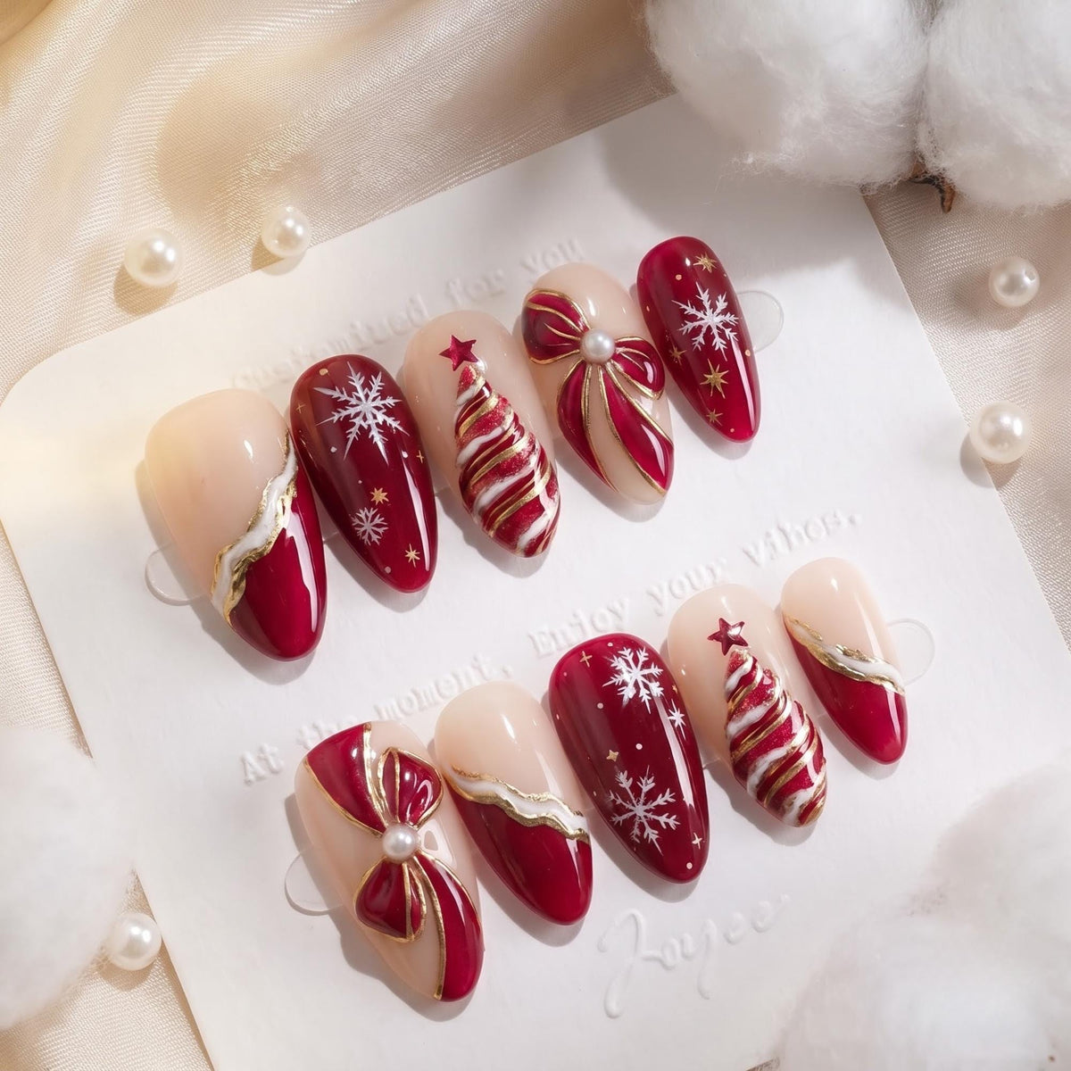 Red and Gold Christmas Nails with Snowflakes, Striped Trees and 3D Bows