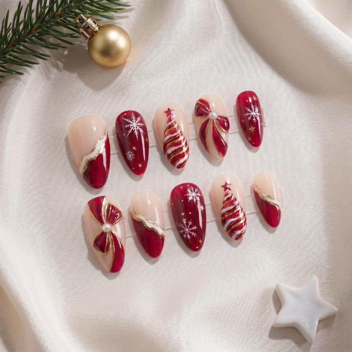 Red and Gold Christmas Nails with Snowflakes, Striped Trees and 3D Bows