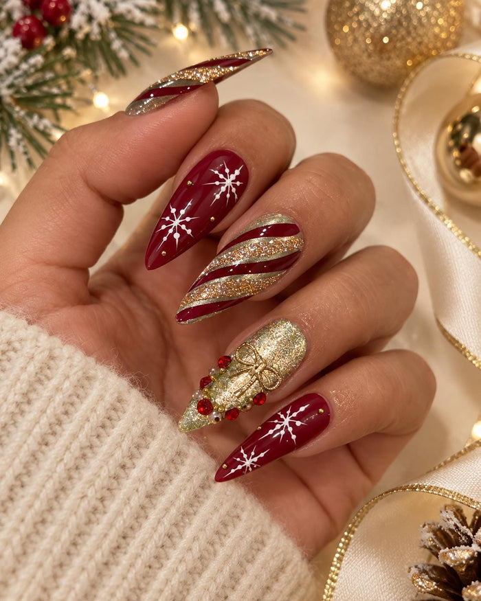 Red and Gold Christmas Press On Nails with Snowflakes, Glitter Stripes and 3D Bow