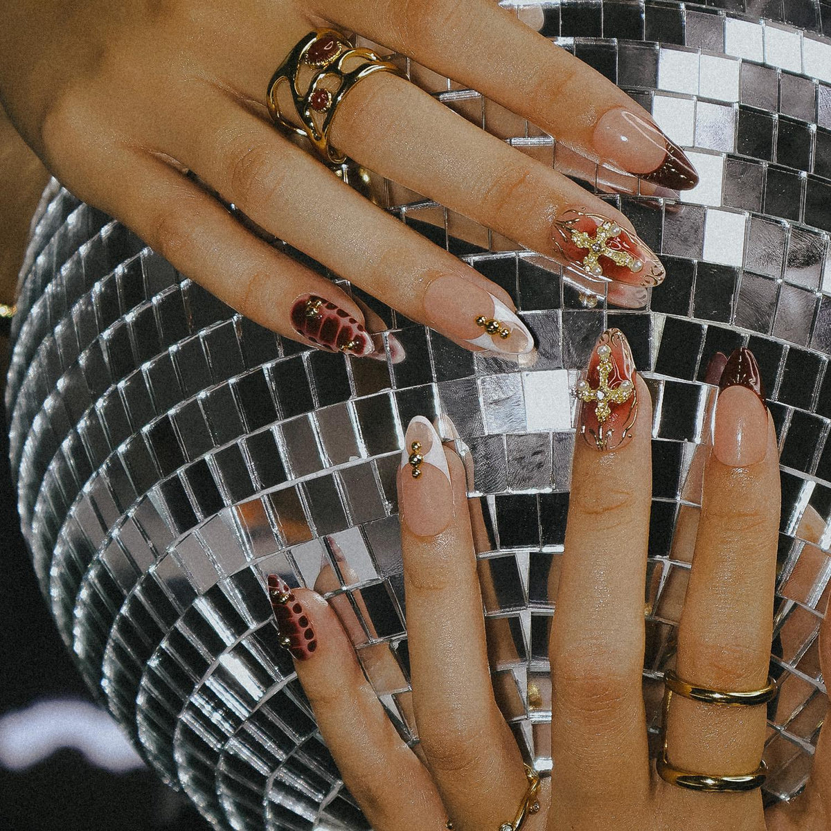 Red and Gold Cross Press-On Nails With Burgundy Marble French Tips