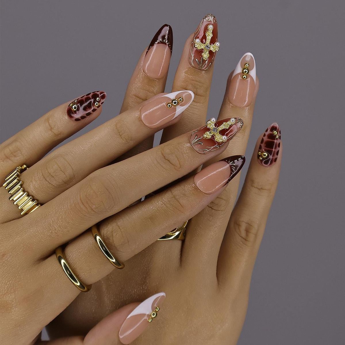 Red and Gold Cross Press-On Nails With Burgundy Marble French Tips
