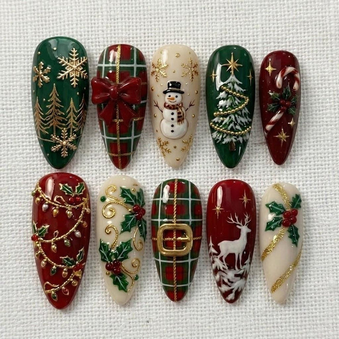 Red and Green Christmas Press On Nail Set with Plaid, Snowman, Reindeer and Gold Details