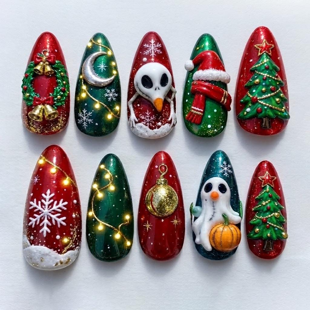 Red and Green Christmas Nails with 3D Wreaths, Trees, Snowman and Ghost