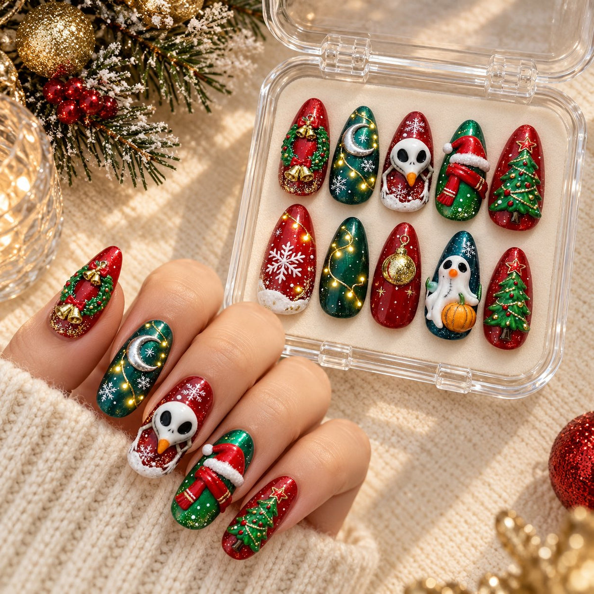 Red and Green Christmas Nails with 3D Wreaths, Trees, Snowman and Ghost worn on hand with acrylic storage box