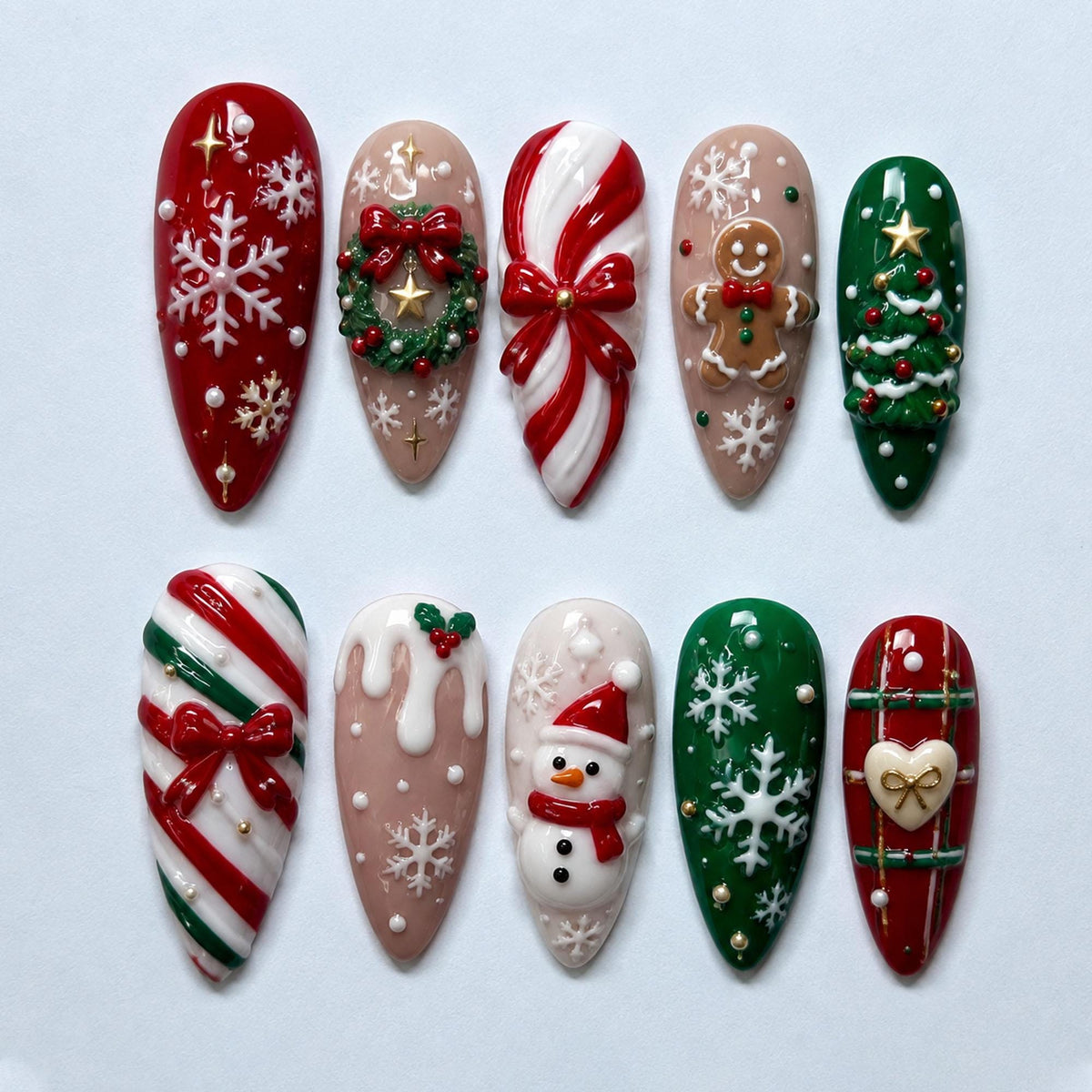 Red and Green Christmas Nails With Candy Canes, Snowflakes and 3D Holiday Designs