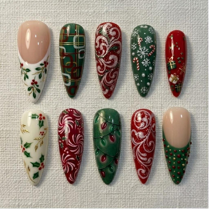 Red and Green Christmas Press On Nails With Holly, Snowflakes, Plaid, and Swirls