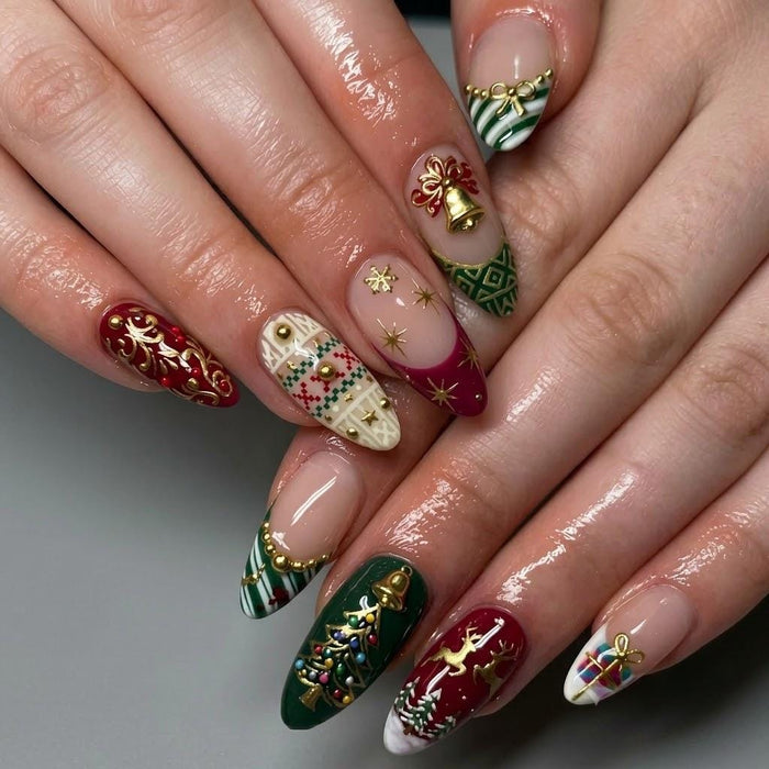 Red and Green Christmas Press On Nails with Plaid, Gold Ornaments, and French Tips